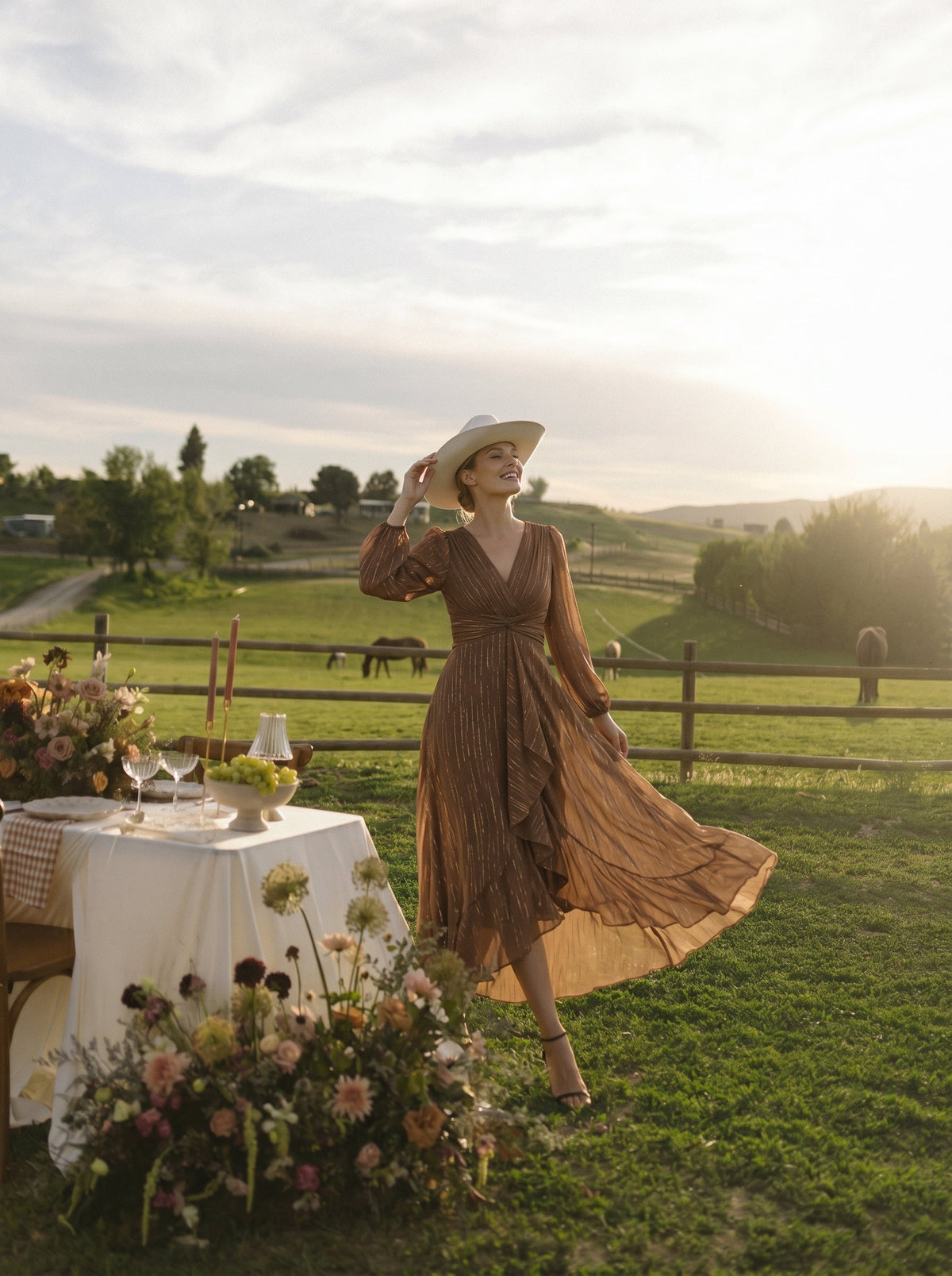 ever EMBER|See-Through Long Sleeve Twist Knot A-Line Lotus Leaf Shimmering Evening Dress