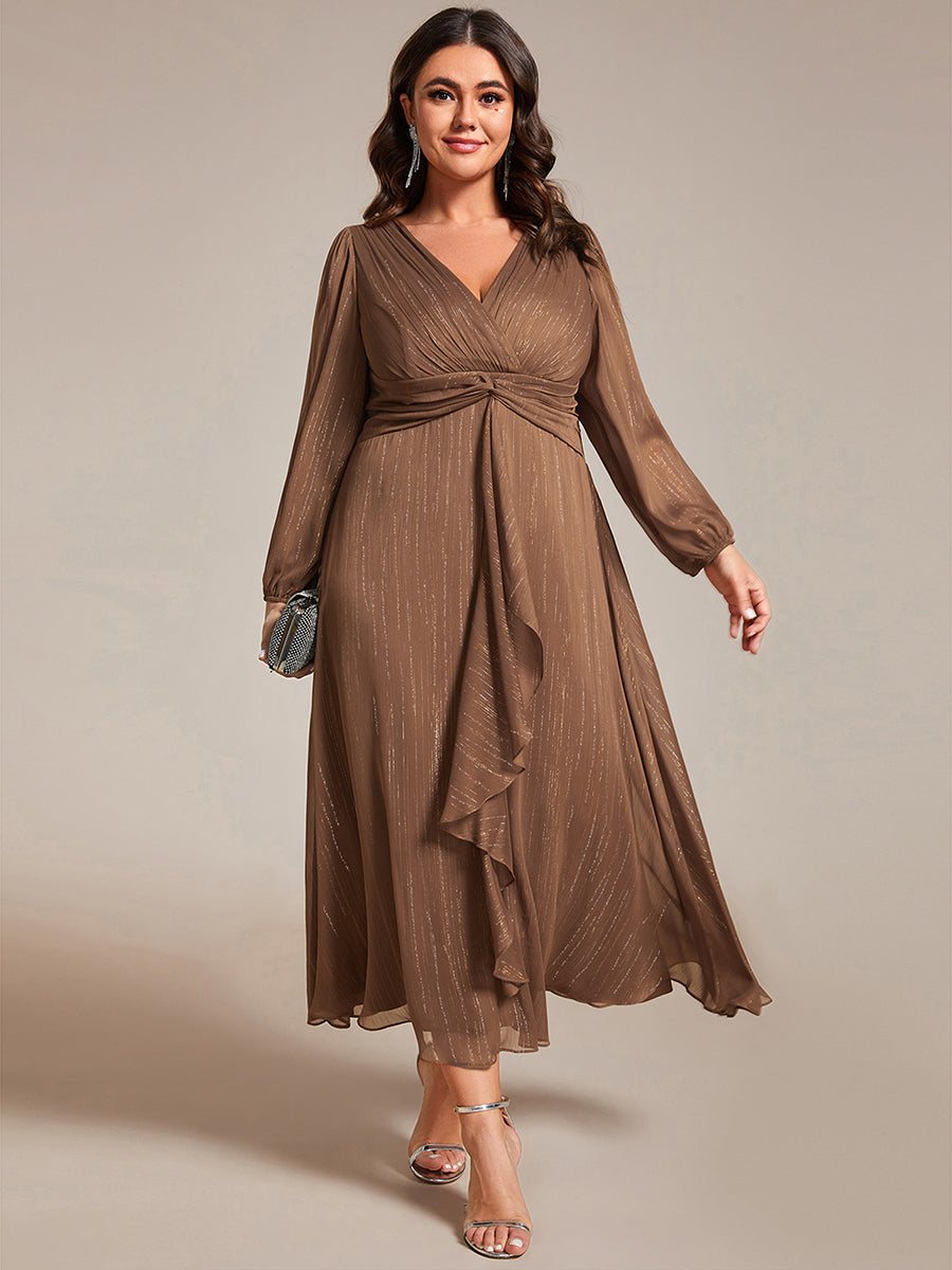 ever EMBER|See-Through Long Sleeve Twist Knot A-Line Lotus Leaf Shimmering Evening Dress