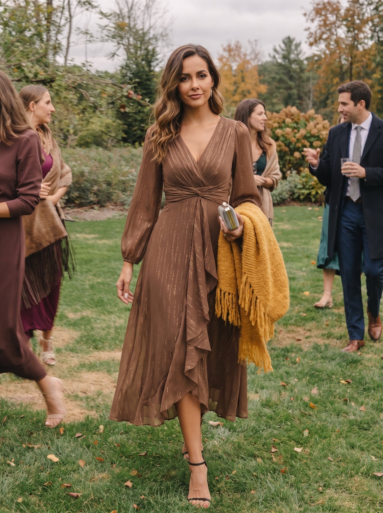 ever EMBER|See-Through Long Sleeve Twist Knot A-Line Lotus Leaf Shimmering Evening Dress