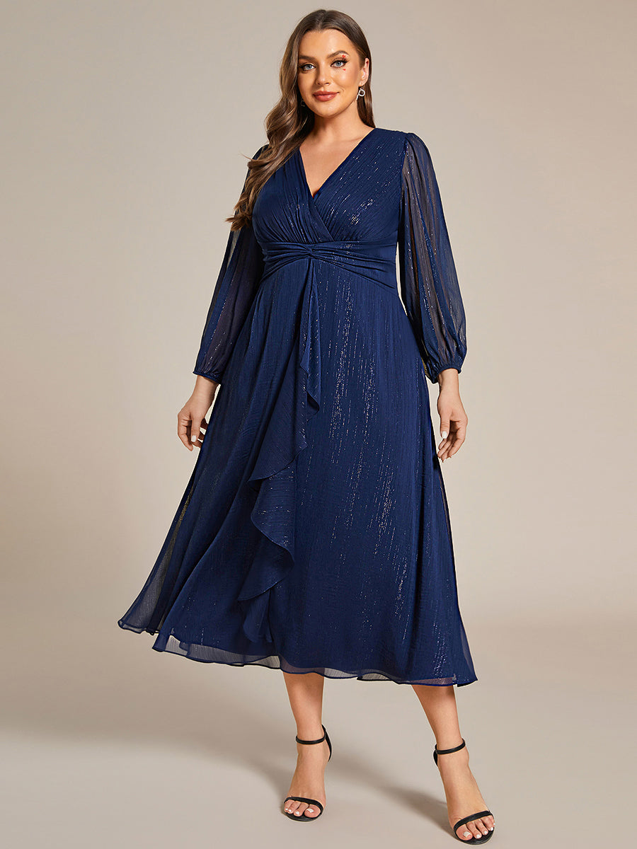 ever EMBER|See-Through Long Sleeve Twist Knot A-Line Lotus Leaf Shimmering Evening Dress