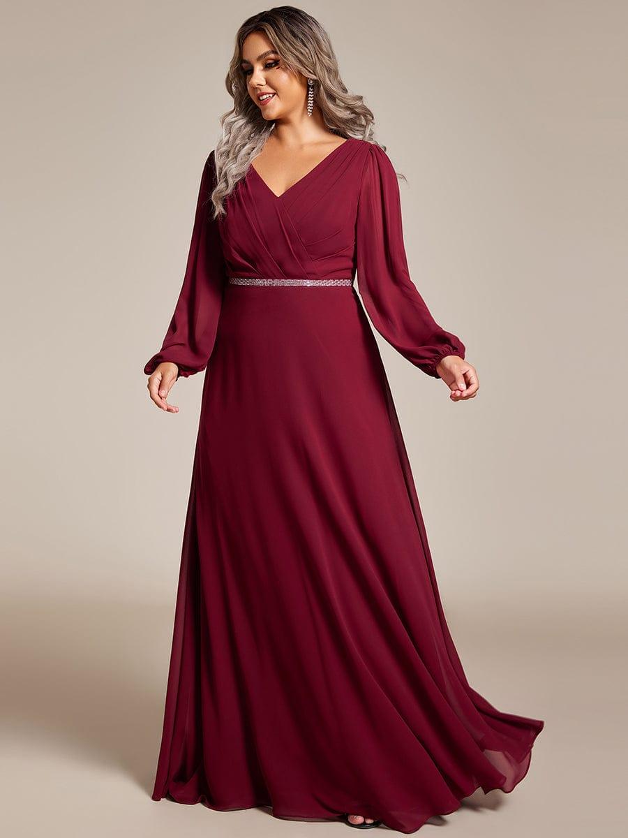 ever ESMÉE|Pleated Double V-Neck Long Sleeves Shiny Belt Chiffon Evening Dress