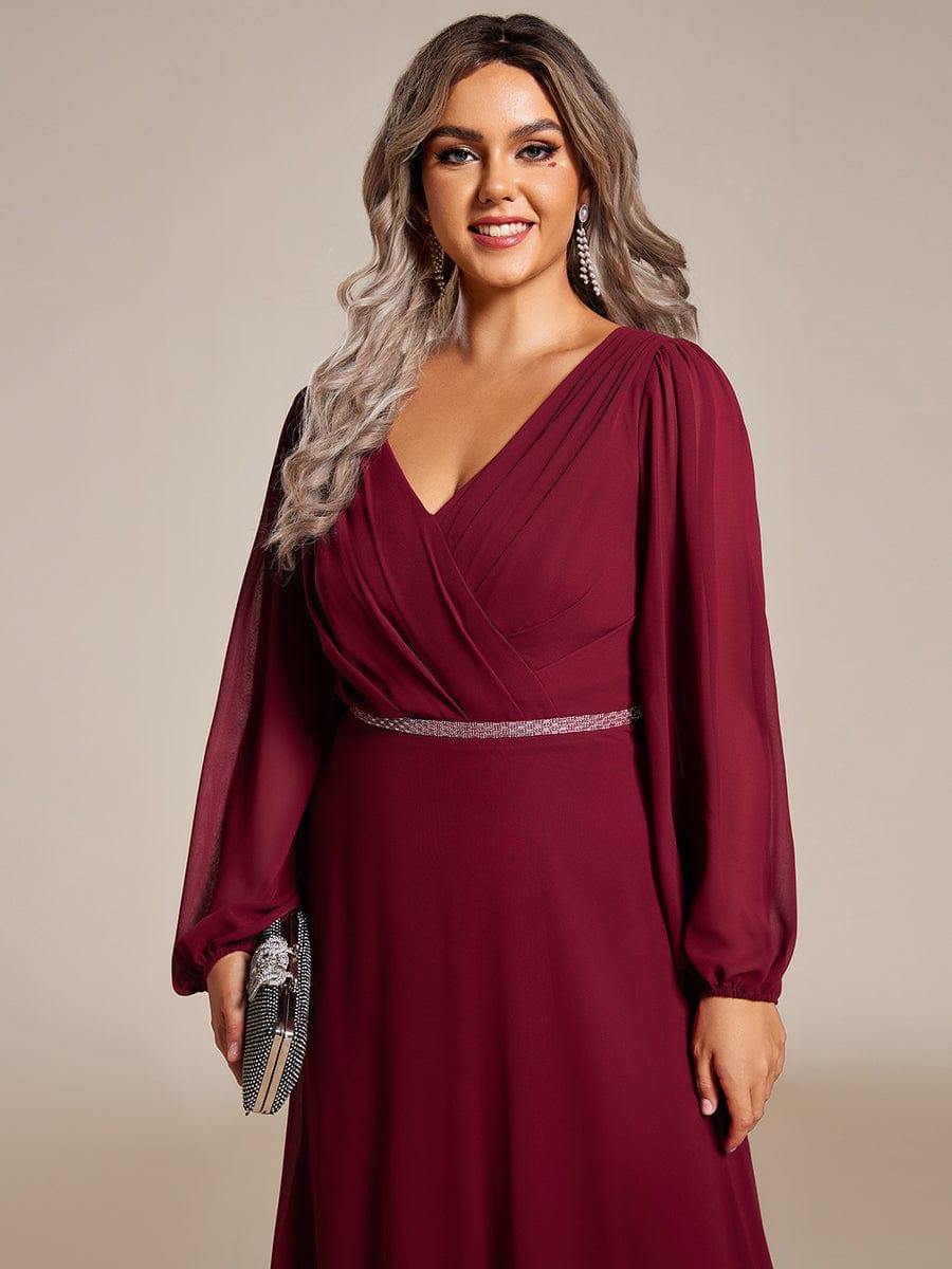 ever ESMÉE|Pleated Double V-Neck Long Sleeves Shiny Belt Chiffon Evening Dress