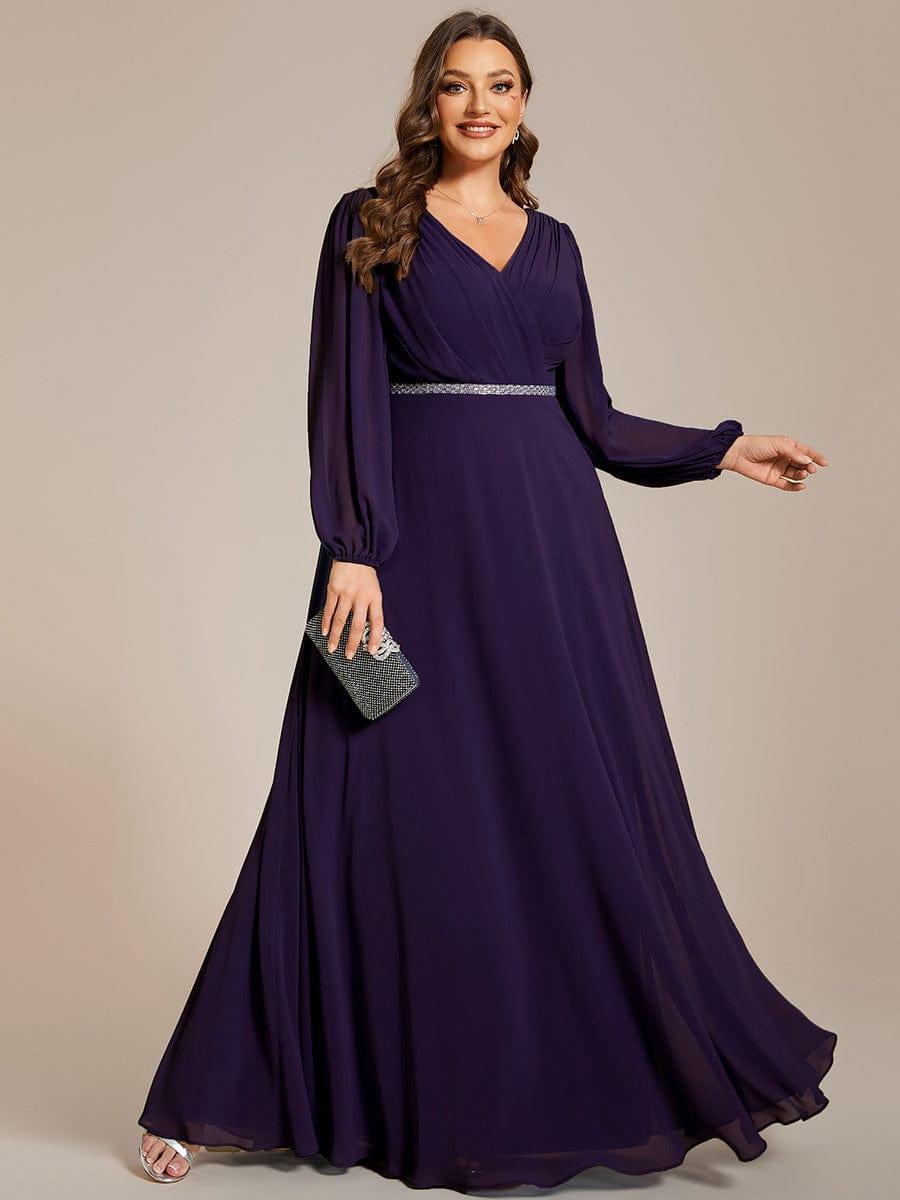 ever ESMÉE|Pleated Double V-Neck Long Sleeves Shiny Belt Chiffon Evening Dress