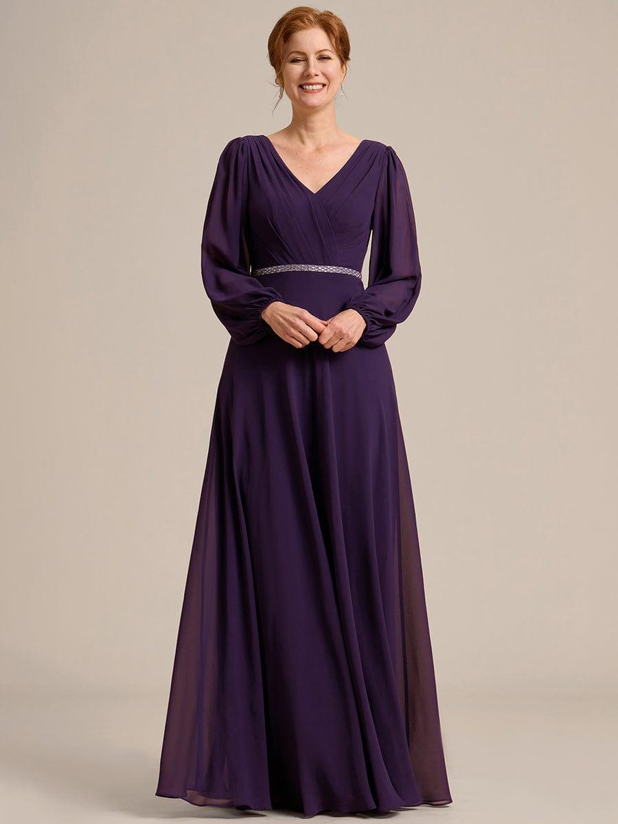 ever ESMÉE|V-Neck Long Sleeves Shiny Belt Chiffon Mother of the Bride Dress
