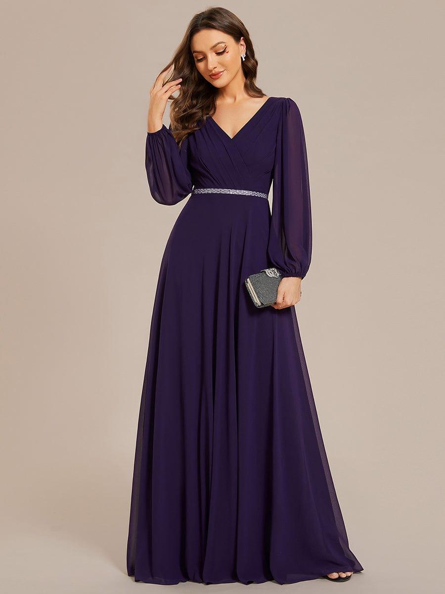 ever ESMÉE|Pleated Double V-Neck Long Sleeves Shiny Belt Chiffon Evening Dress