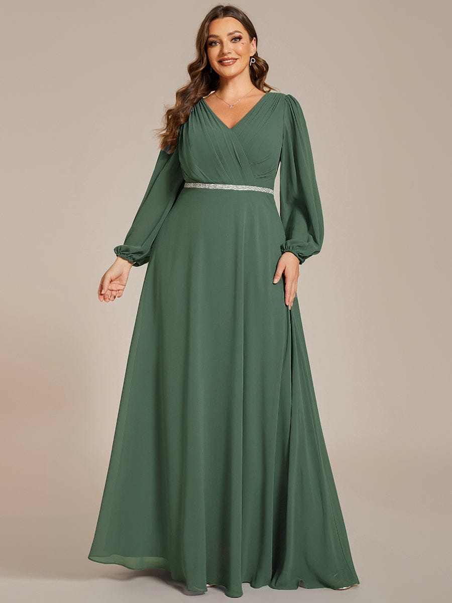ever ESMÉE|Pleated Double V-Neck Long Sleeves Shiny Belt Chiffon Evening Dress