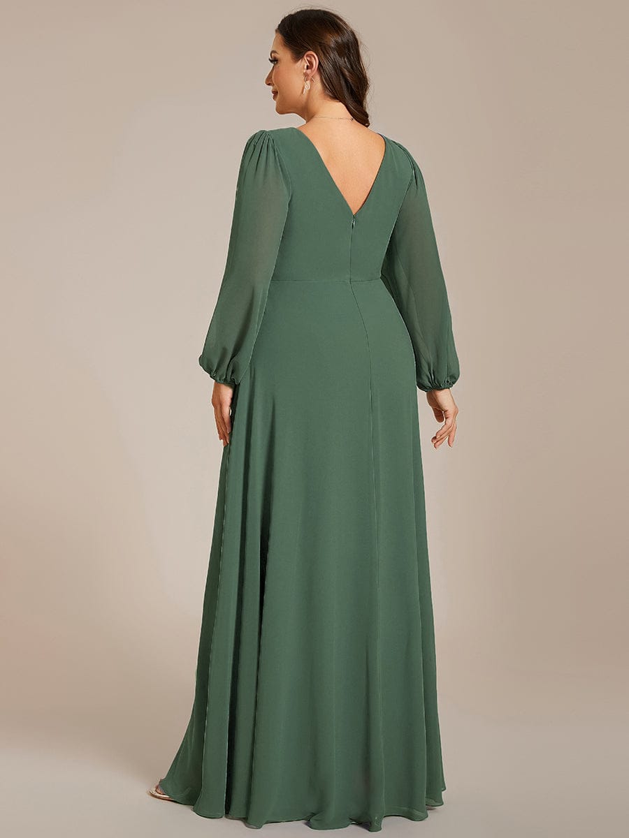 ever ESMÉE|Pleated Double V-Neck Long Sleeves Shiny Belt Chiffon Evening Dress