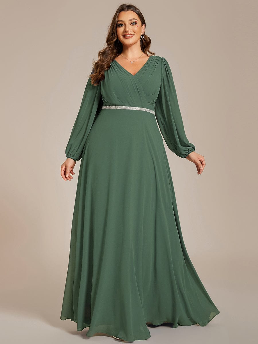 ever ESMÉE|Pleated Double V-Neck Long Sleeves Shiny Belt Chiffon Evening Dress