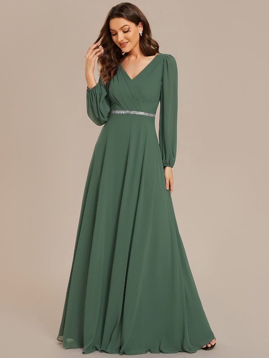 ever ESMÉE|Pleated Double V-Neck Long Sleeves Shiny Belt Chiffon Evening Dress