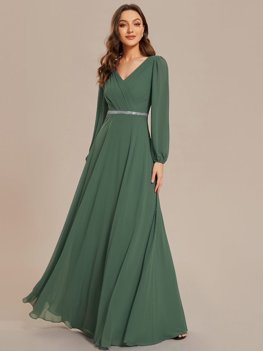 ever ESMÉE|Pleated Double V-Neck Long Sleeves Shiny Belt Chiffon Evening Dress