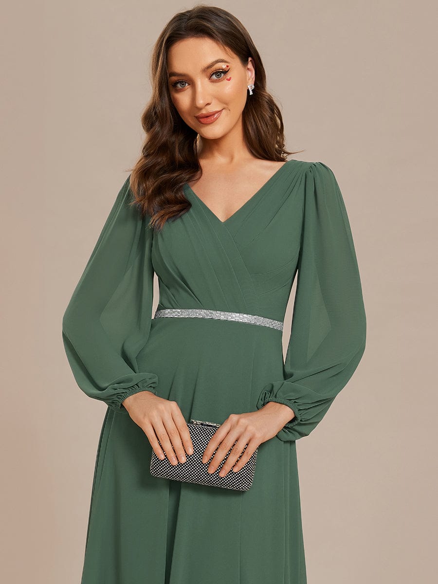 ever ESMÉE|Pleated Double V-Neck Long Sleeves Shiny Belt Chiffon Evening Dress