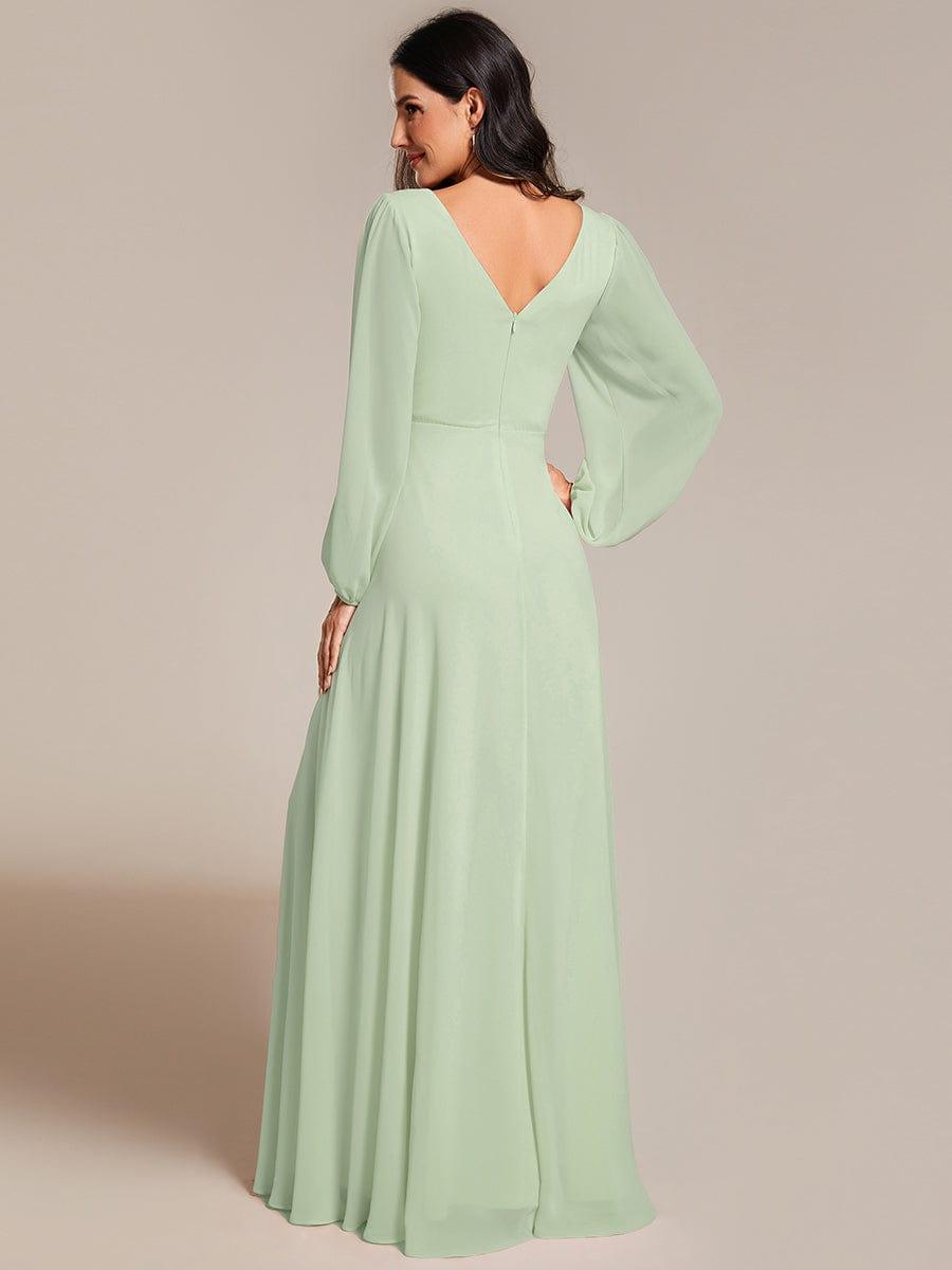 ever ESMÉE|Pleated Double V-Neck Long Sleeves Shiny Belt Chiffon Evening Dress
