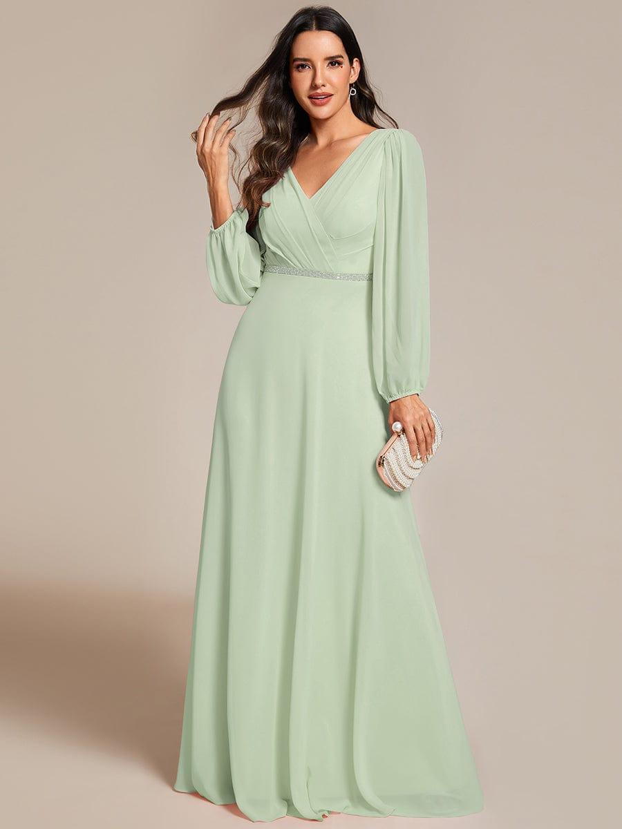 ever ESMÉE|Pleated Double V-Neck Long Sleeves Shiny Belt Chiffon Evening Dress