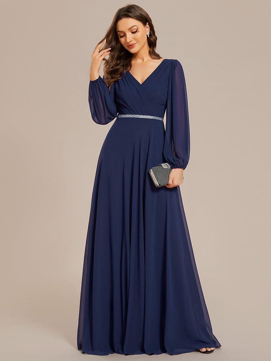 ever ESMÉE|V-Neck Long Sleeves Shiny Belt Chiffon Mother of the Bride Dress