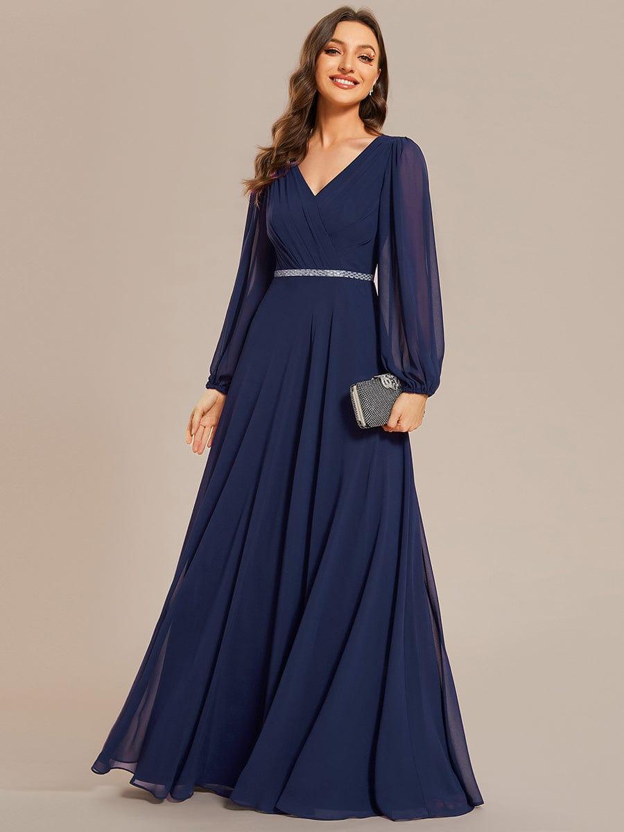 ever ESMÉE|V-Neck Long Sleeves Shiny Belt Chiffon Mother of the Bride Dress