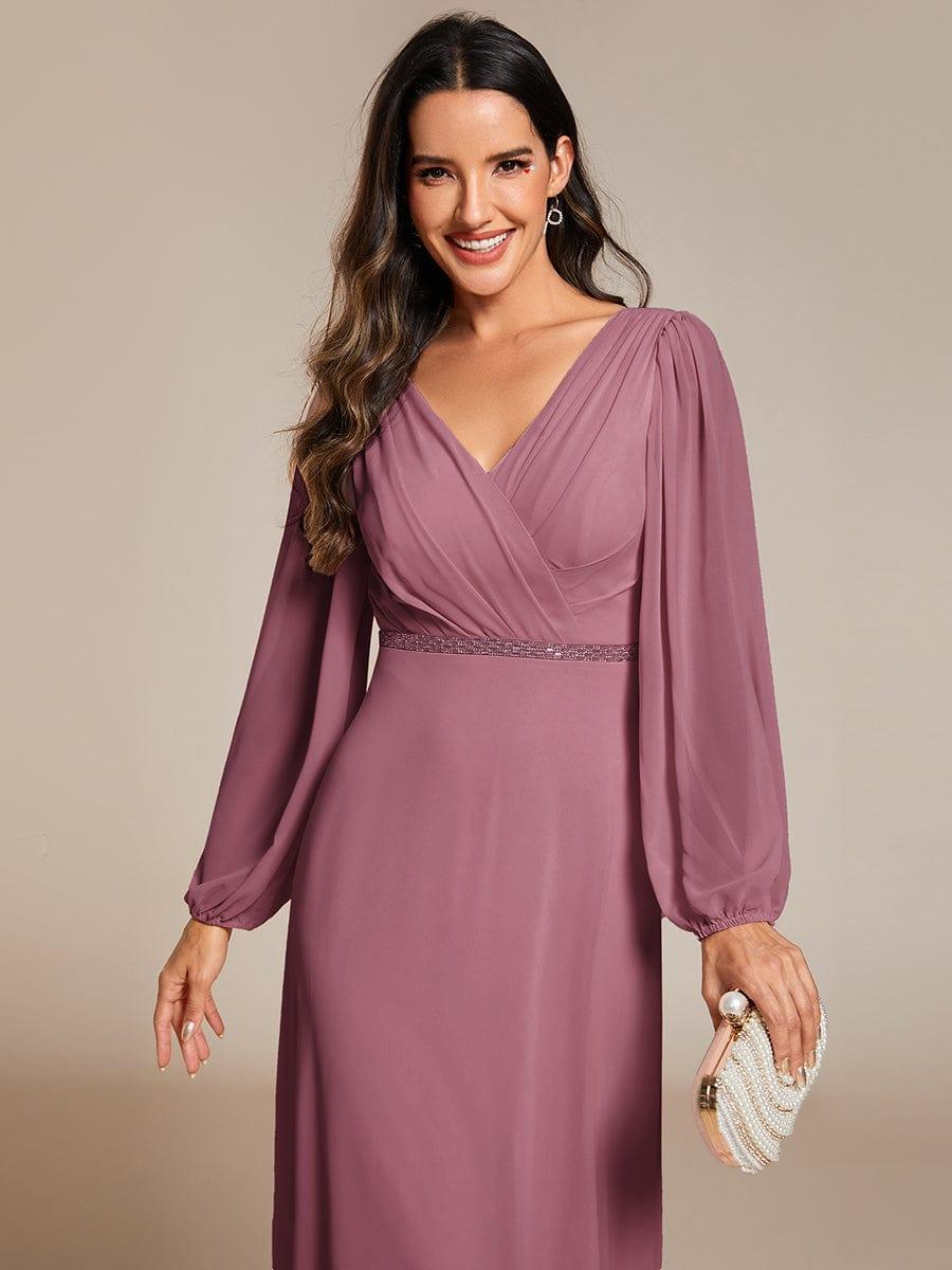 ever ESMÉE|Pleated Double V-Neck Long Sleeves Shiny Belt Chiffon Evening Dress