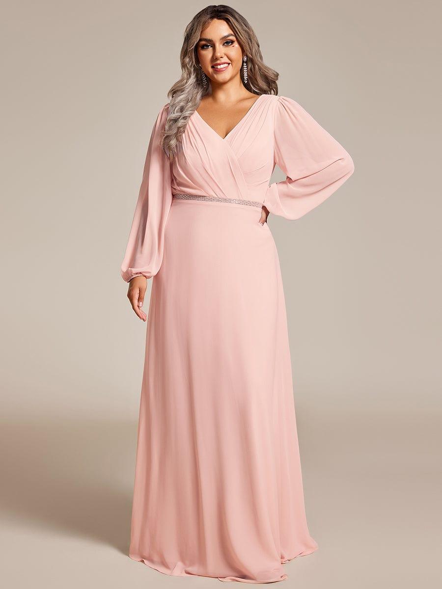ever ESMÉE|Pleated Double V-Neck Long Sleeves Shiny Belt Chiffon Evening Dress