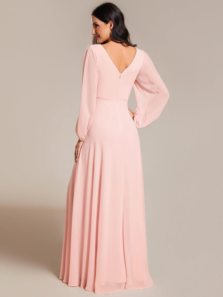 ever ESMÉE|Pleated Double V-Neck Long Sleeves Shiny Belt Chiffon Evening Dress