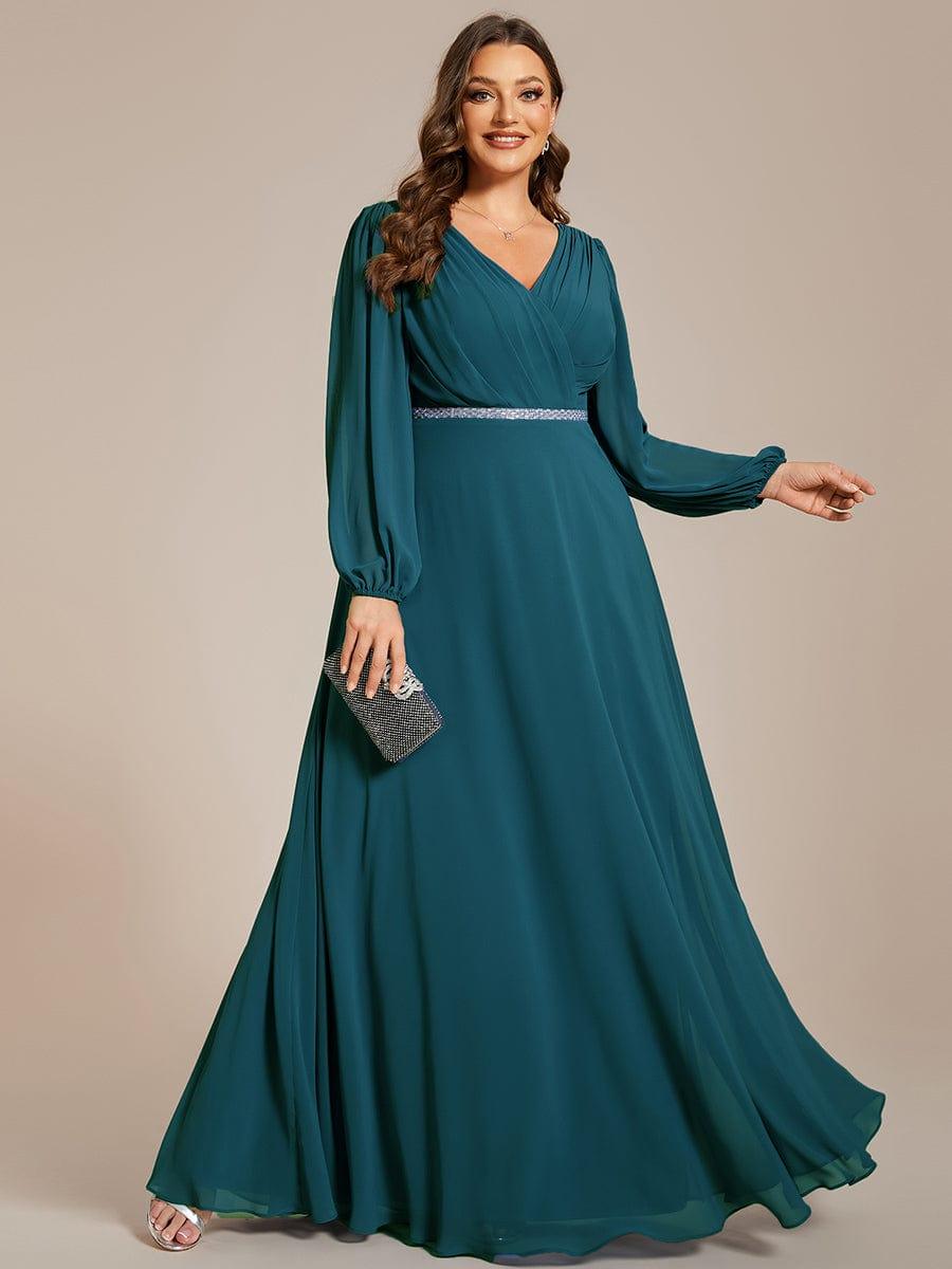 ever ESMÉE|Pleated Double V-Neck Long Sleeves Shiny Belt Chiffon Evening Dress