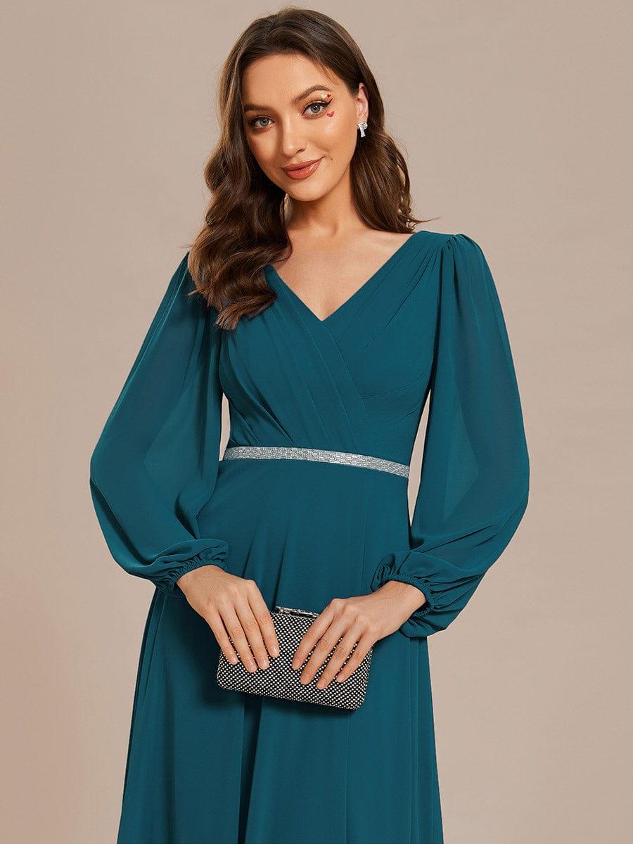 ever ESMÉE|Pleated Double V-Neck Long Sleeves Shiny Belt Chiffon Evening Dress