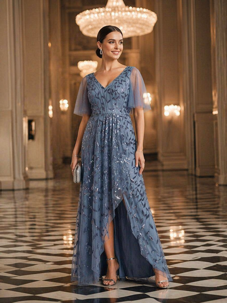 ever ALIX|Short Sleeves Sequin High Low V-Neck Midi Formal Evening Dress