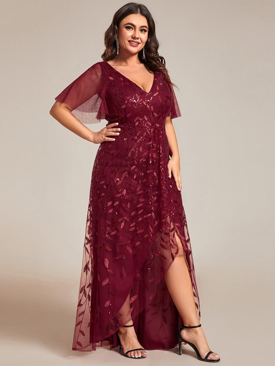 ever ALIX|Short Sleeves Sequin High Low V-Neck Midi Formal Wedding Guest Dress