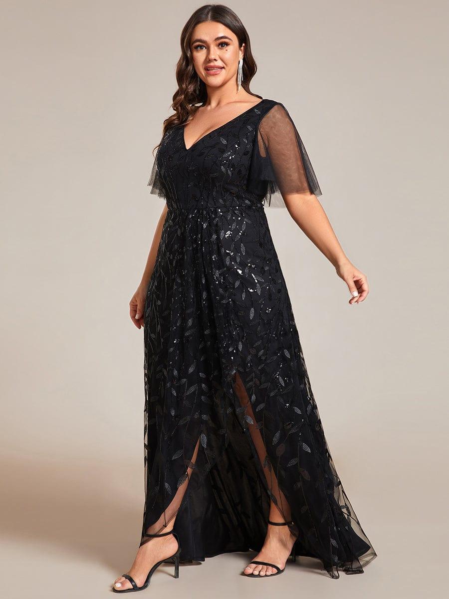 ever ALIX|Short Sleeves Sequin High Low V-Neck Midi Formal Evening Dress