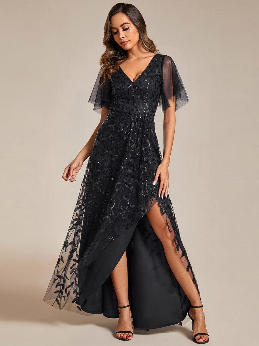 ever ALIX|Short Sleeves Sequin High Low V-Neck Midi Formal Wedding Guest Dress