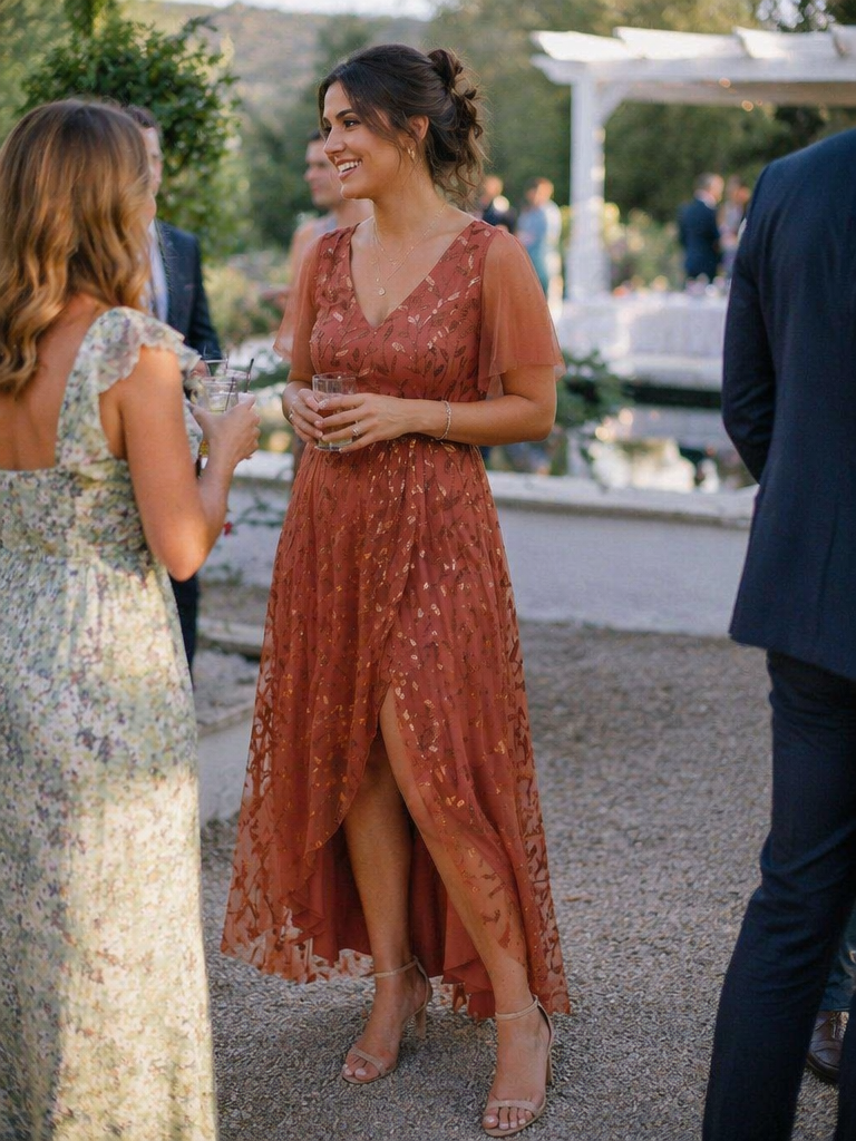ever ALIX|Short Sleeves Sequin High Low V-Neck Midi Formal Evening Dress