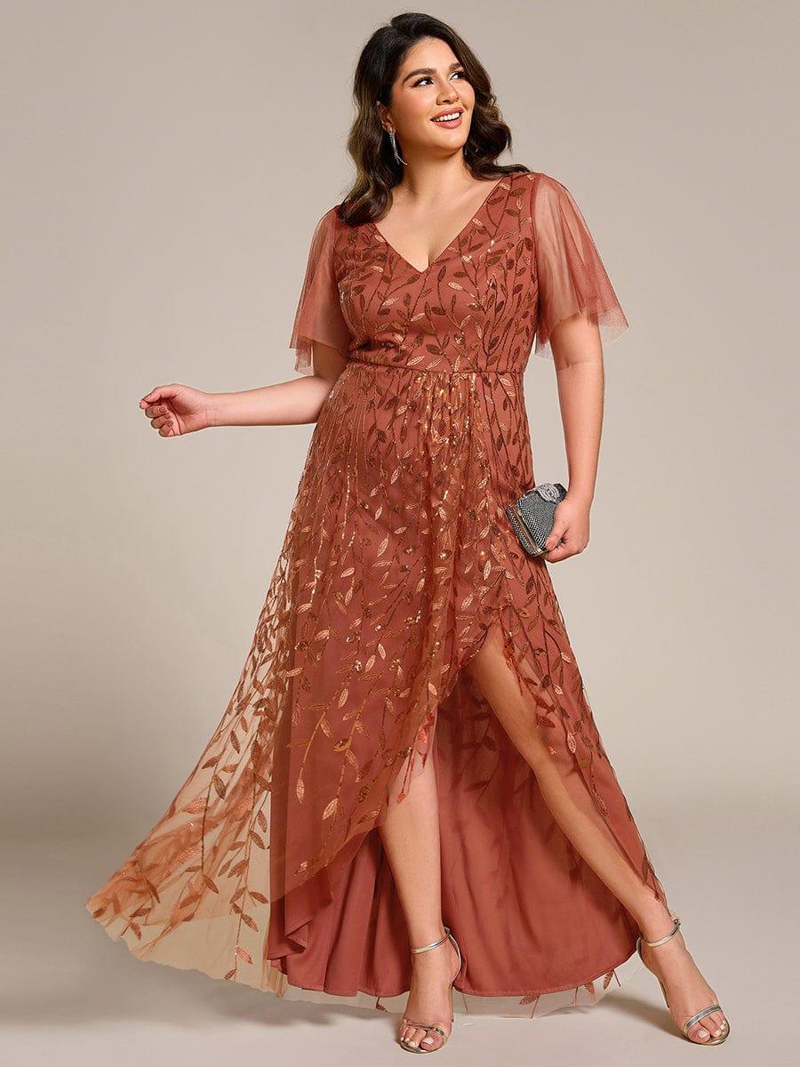 ever ALIX|Short Sleeves Sequin High Low V-Neck Midi Formal Wedding Guest Dress