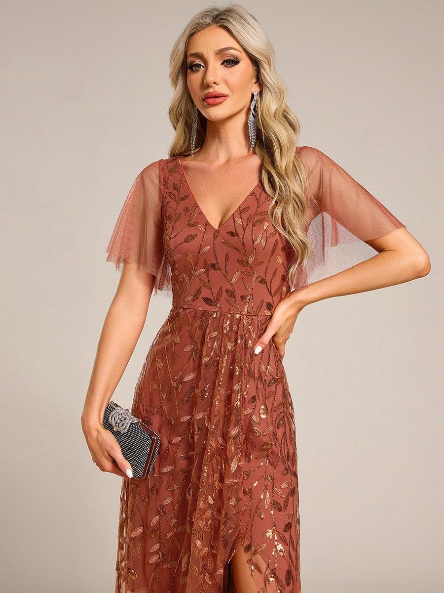 ever ALIX|Short Sleeves Sequin High Low V-Neck Midi Formal Wedding Guest Dress