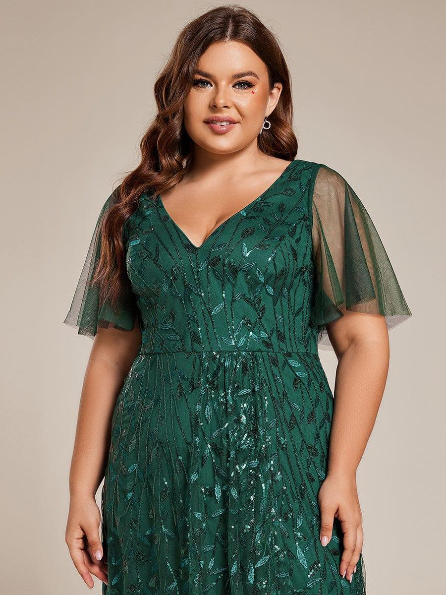ever ALIX|Short Sleeves Sequin High Low V-Neck Midi Formal Evening Dress