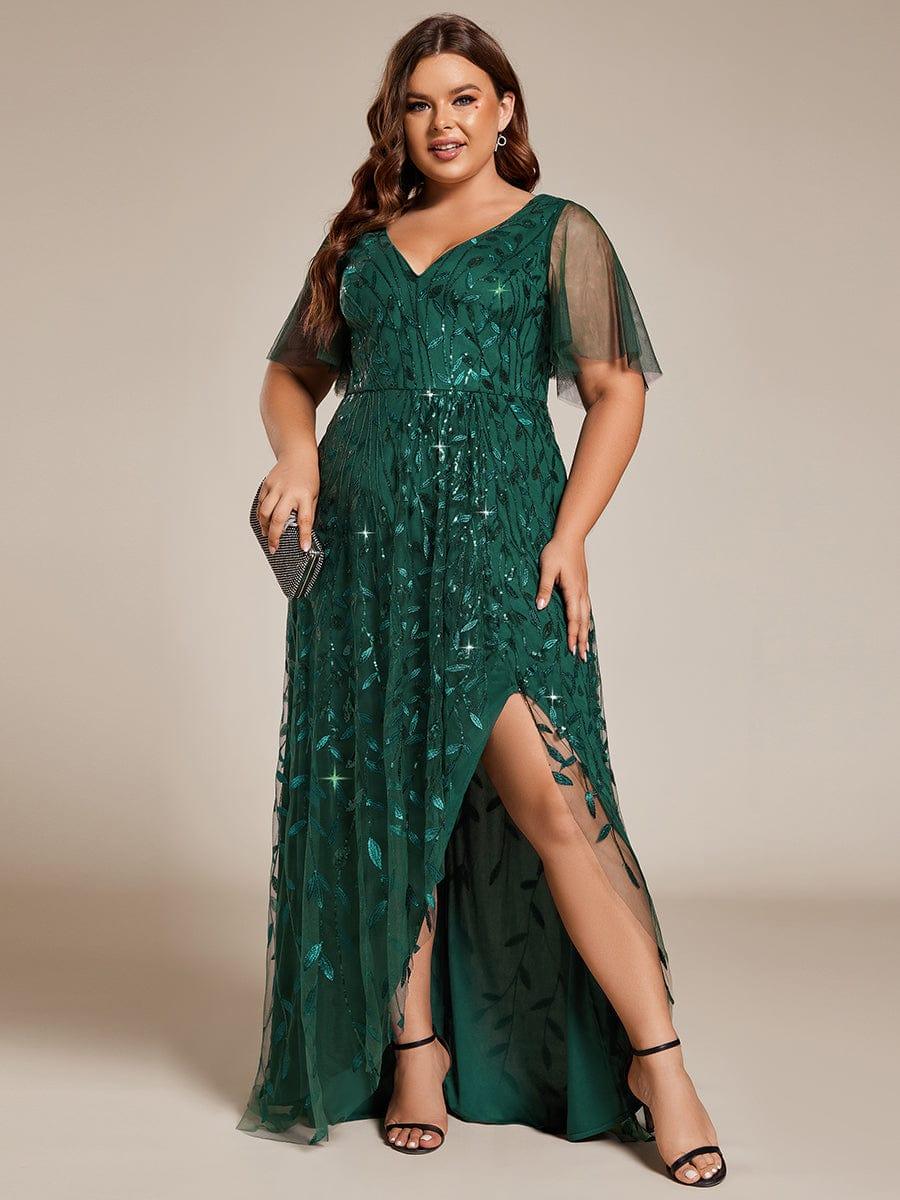 ever ALIX|Short Sleeves Sequin High Low V-Neck Midi Formal Wedding Guest Dress