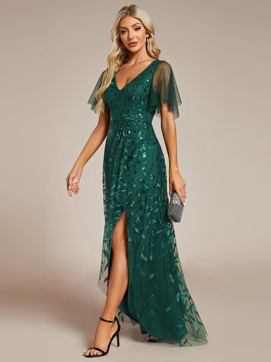 ever ALIX|Short Sleeves Sequin High Low V-Neck Midi Formal Wedding Guest Dress