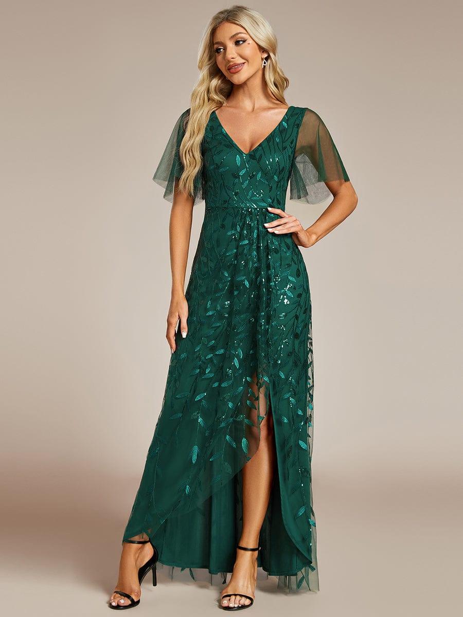 ever ALIX|Short Sleeves Sequin High Low V-Neck Midi Formal Wedding Guest Dress