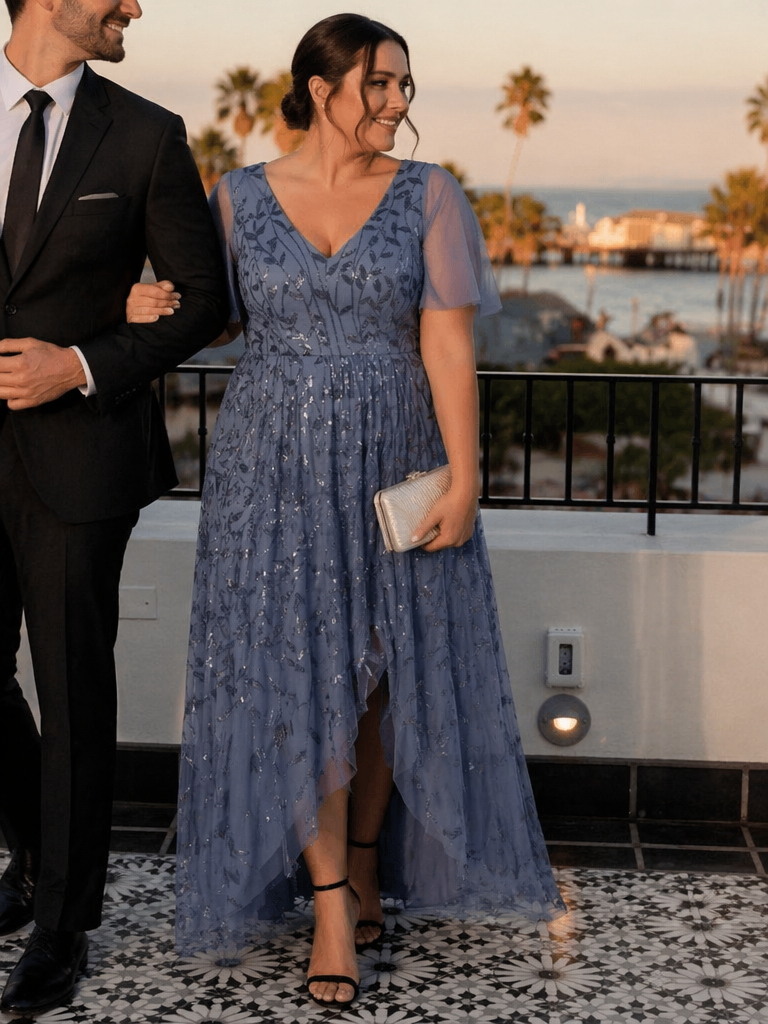 ever ALIX|Short Sleeves Sequin High Low V-Neck Midi Formal Evening Dress