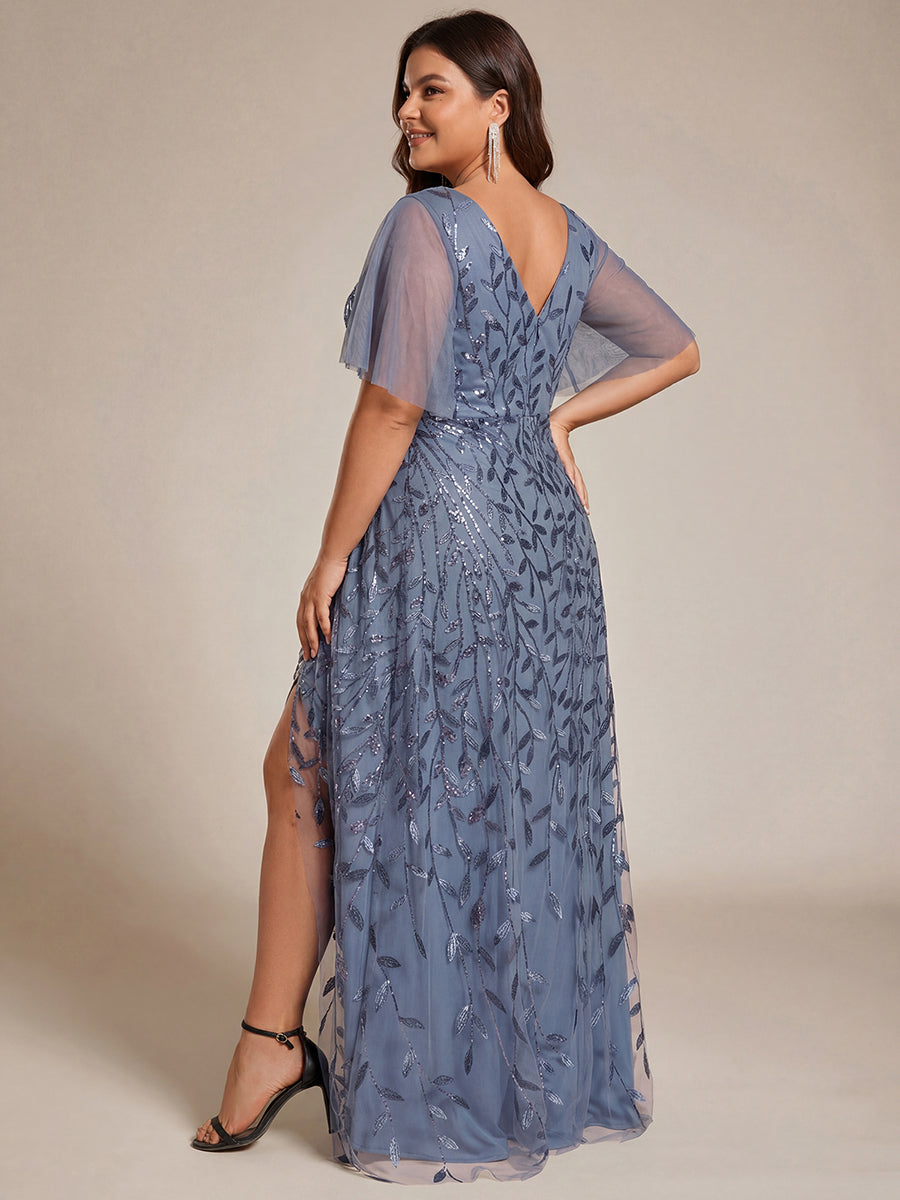 ever ALIX|Short Sleeves Sequin High Low V-Neck Midi Formal Evening Dress