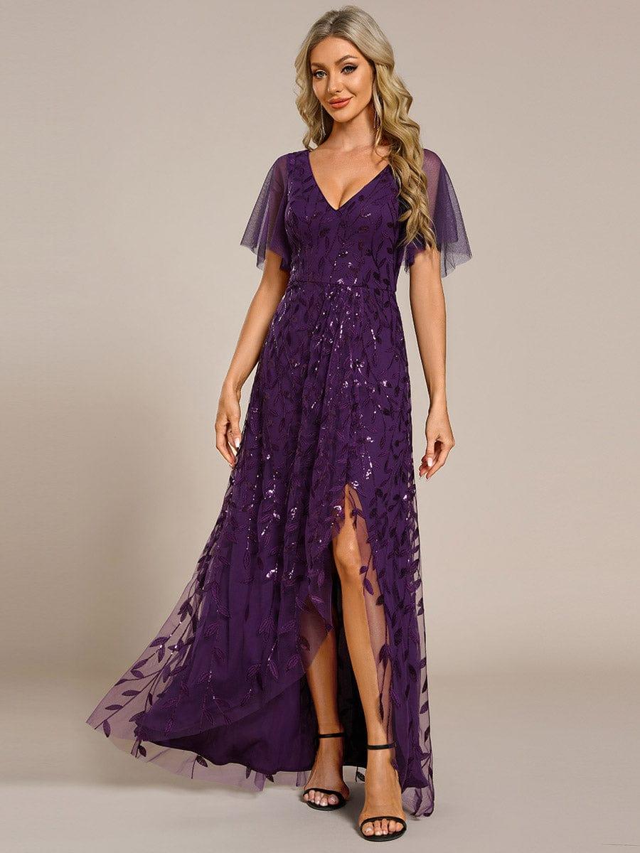 ever ALIX|Short Sleeves Sequin High Low V-Neck Midi Formal Evening Dress