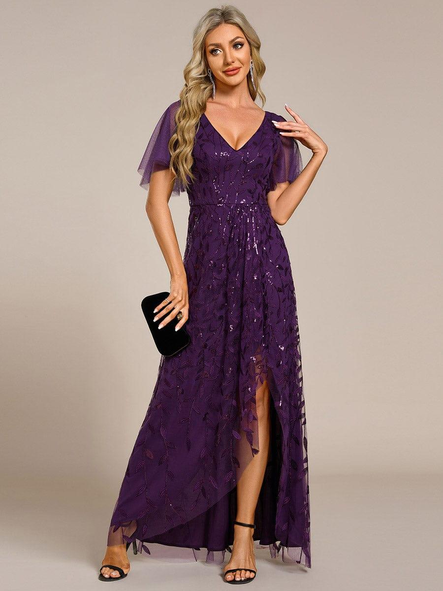 ever ALIX|Short Sleeves Sequin High Low V-Neck Midi Mother of the Bride Dress