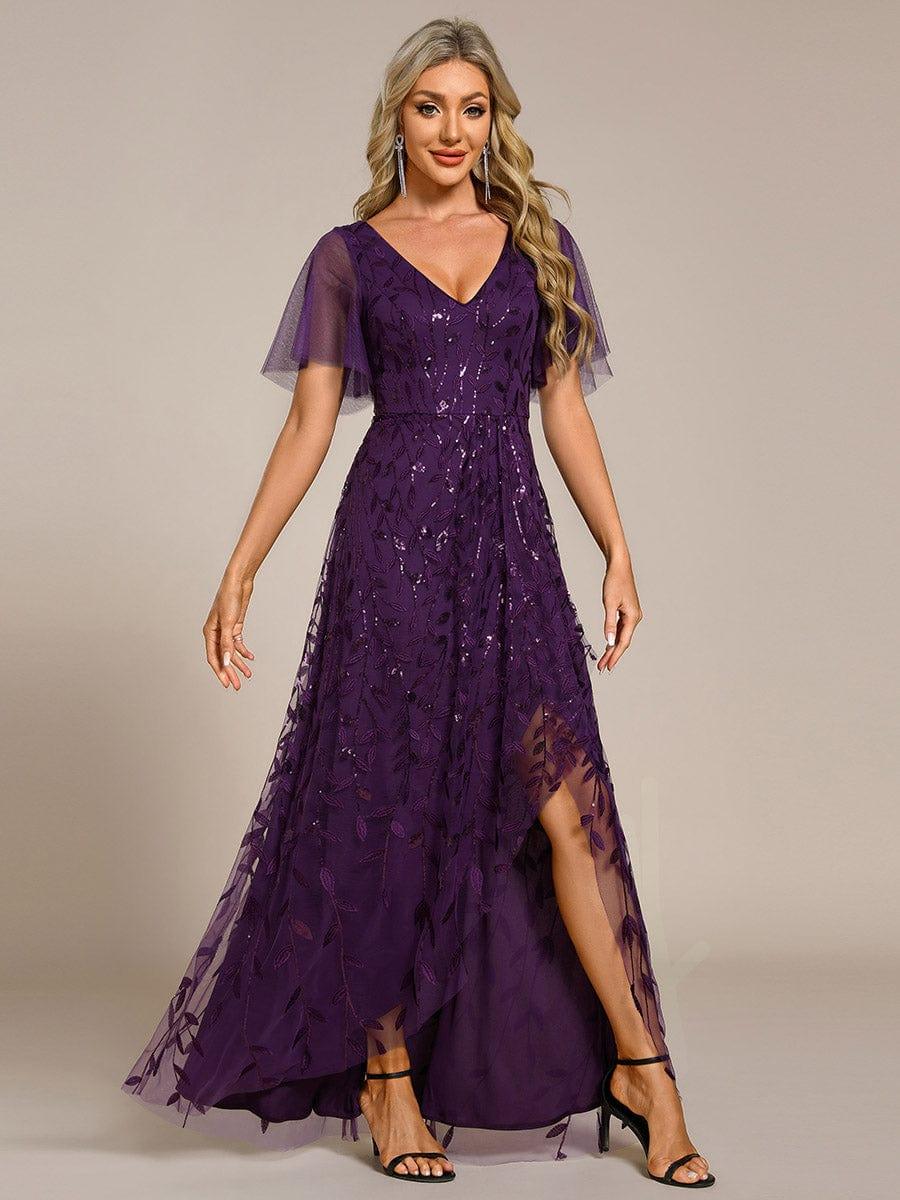ever ALIX|Short Sleeves Sequin High Low V-Neck Midi Formal Wedding Guest Dress