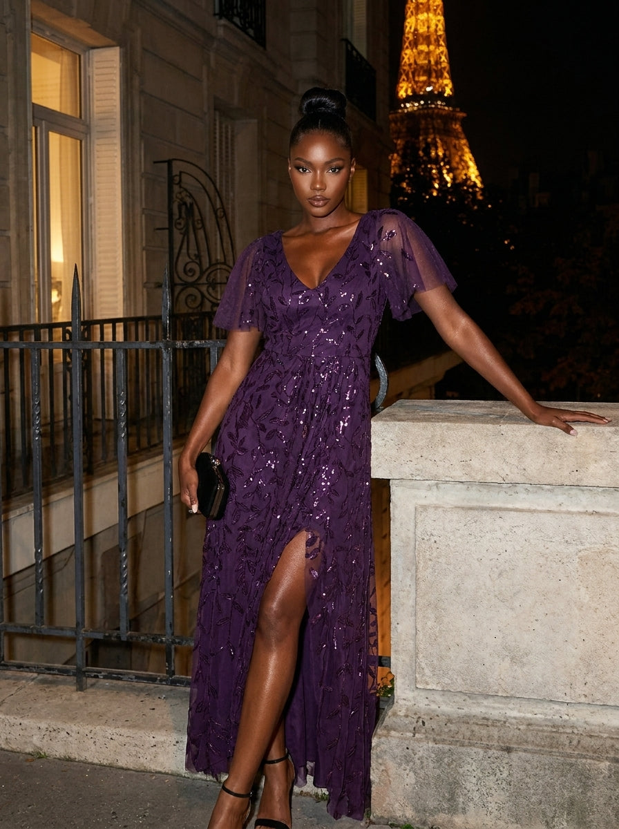 ever ALIX|Short Sleeves Sequin High Low V-Neck Midi Formal Evening Dress