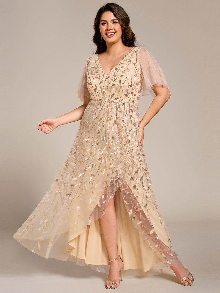 ever ALIX|Short Sleeves Sequin High Low V-Neck Midi Mother of the Bride Dress