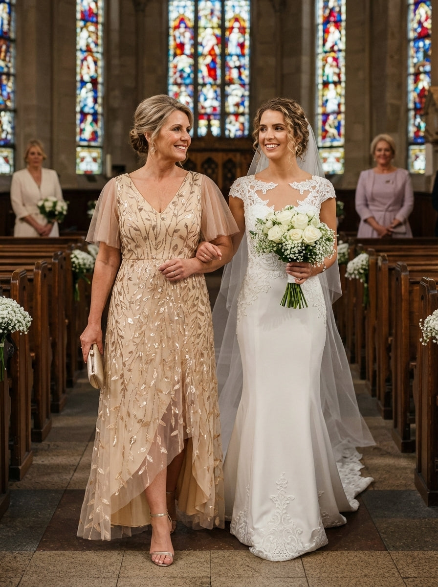 ever ALIX|Short Sleeves Sequin High Low V-Neck Midi Mother of the Bride Dress