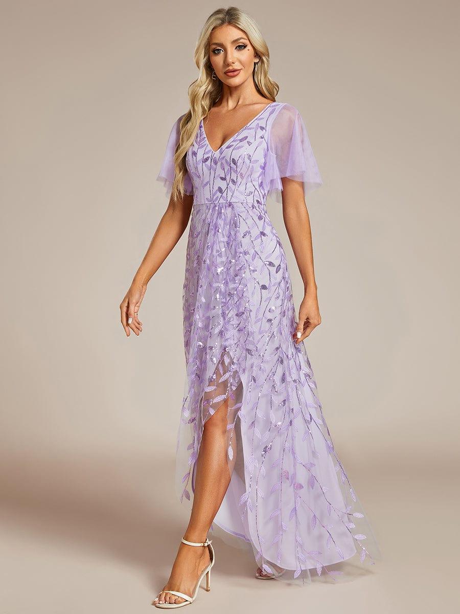 ever ALIX|Short Sleeves Sequin High Low V-Neck Midi Formal Wedding Guest Dress