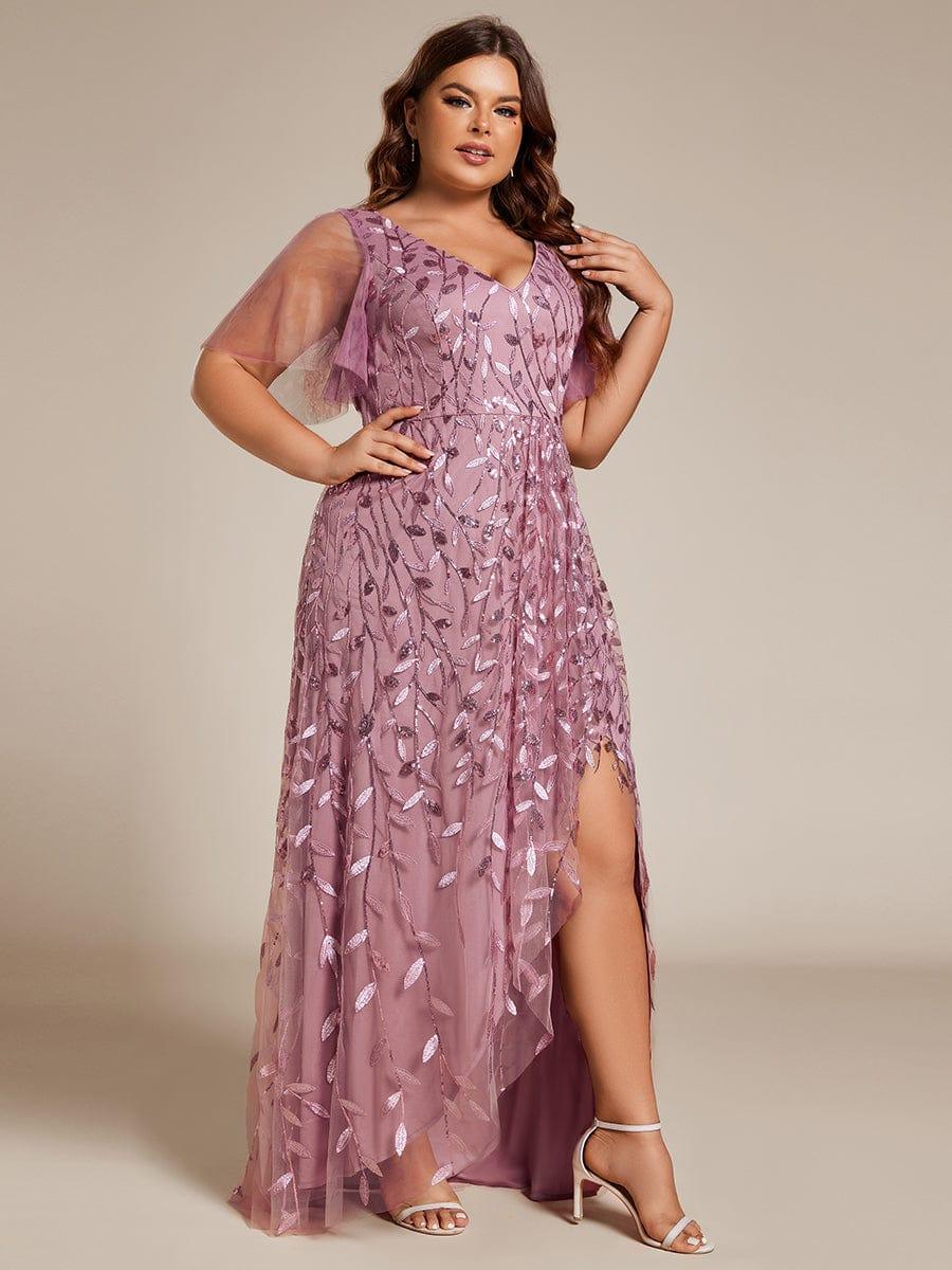 ever ALIX|Short Sleeves Sequin High Low V-Neck Midi Formal Wedding Guest Dress