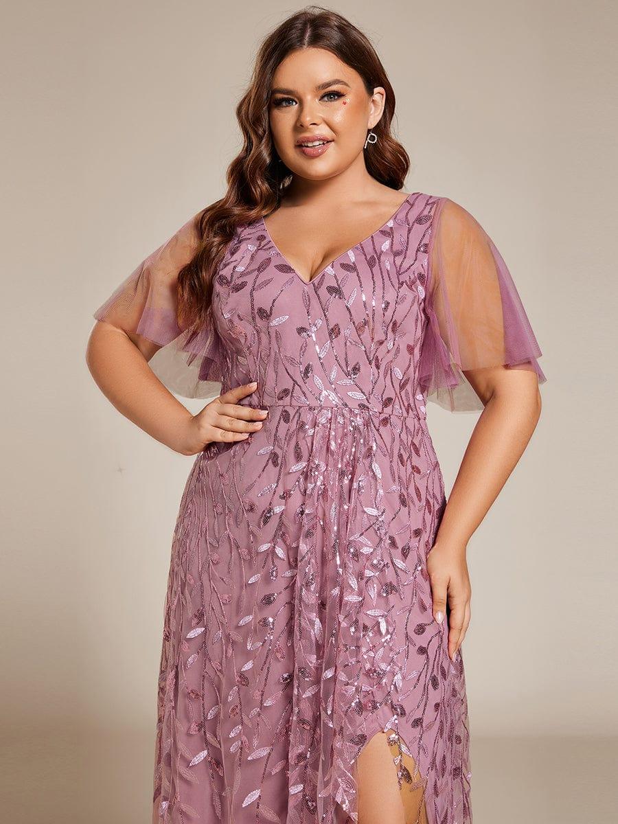 ever ALIX|Short Sleeves Sequin High Low V-Neck Midi Formal Evening Dress