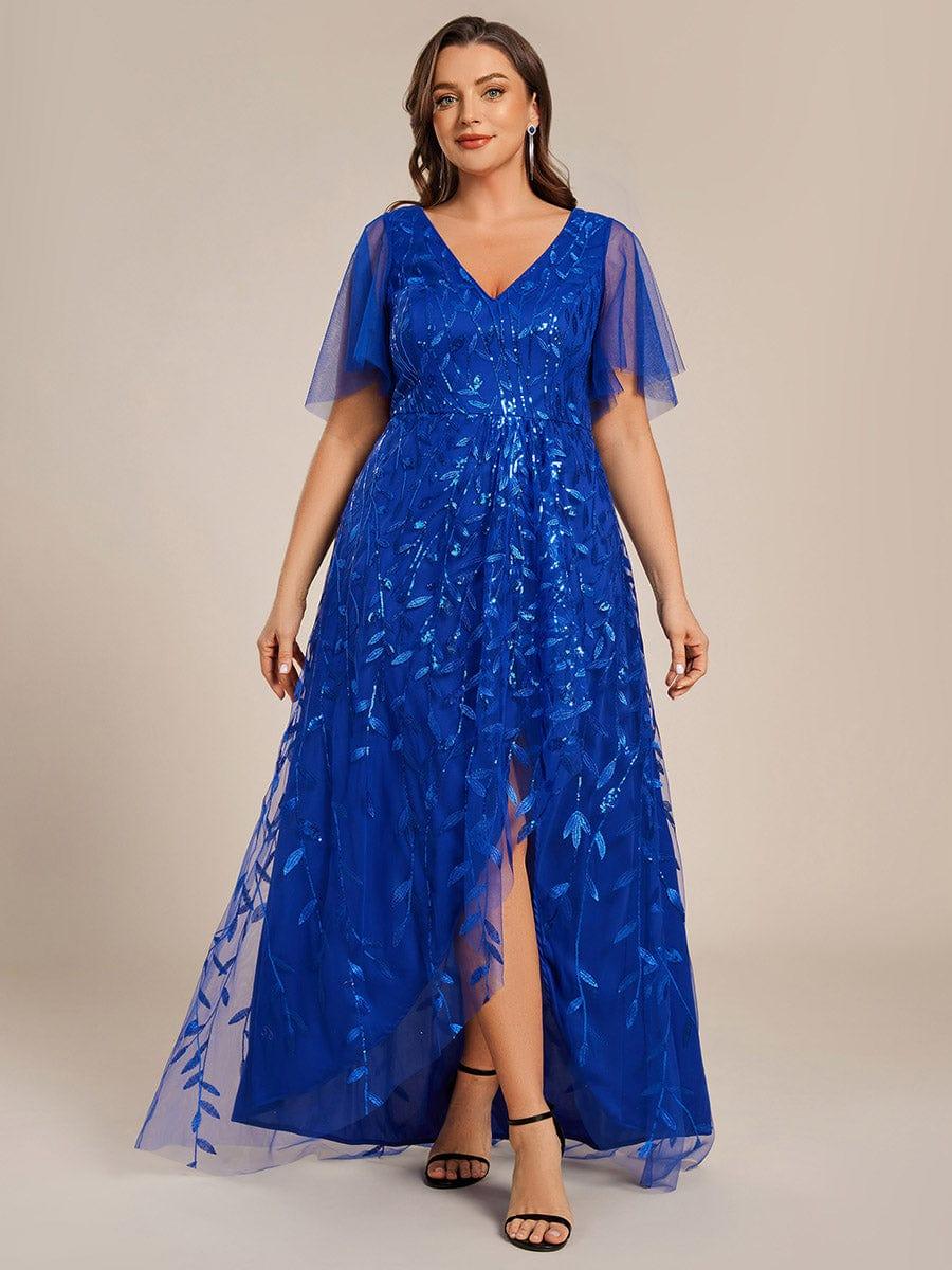 ever ALIX|Short Sleeves Sequin High Low V-Neck Midi Formal Evening Dress