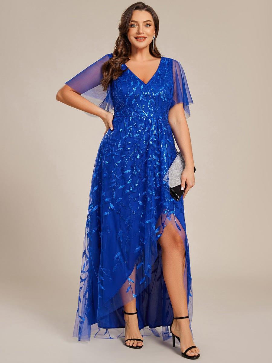 ever ALIX|Short Sleeves Sequin High Low V-Neck Midi Formal Evening Dress