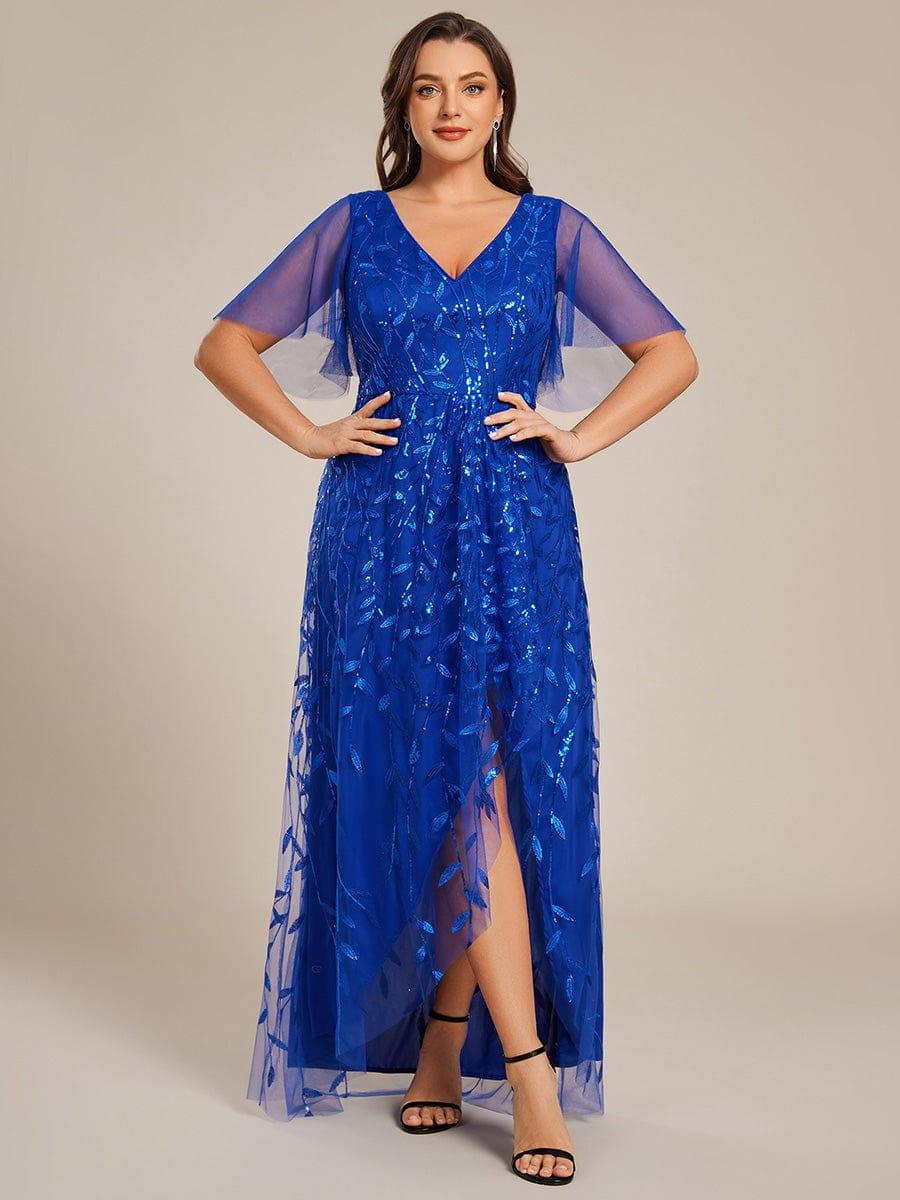 ever ALIX|Short Sleeves Sequin High Low V-Neck Midi Formal Wedding Guest Dress