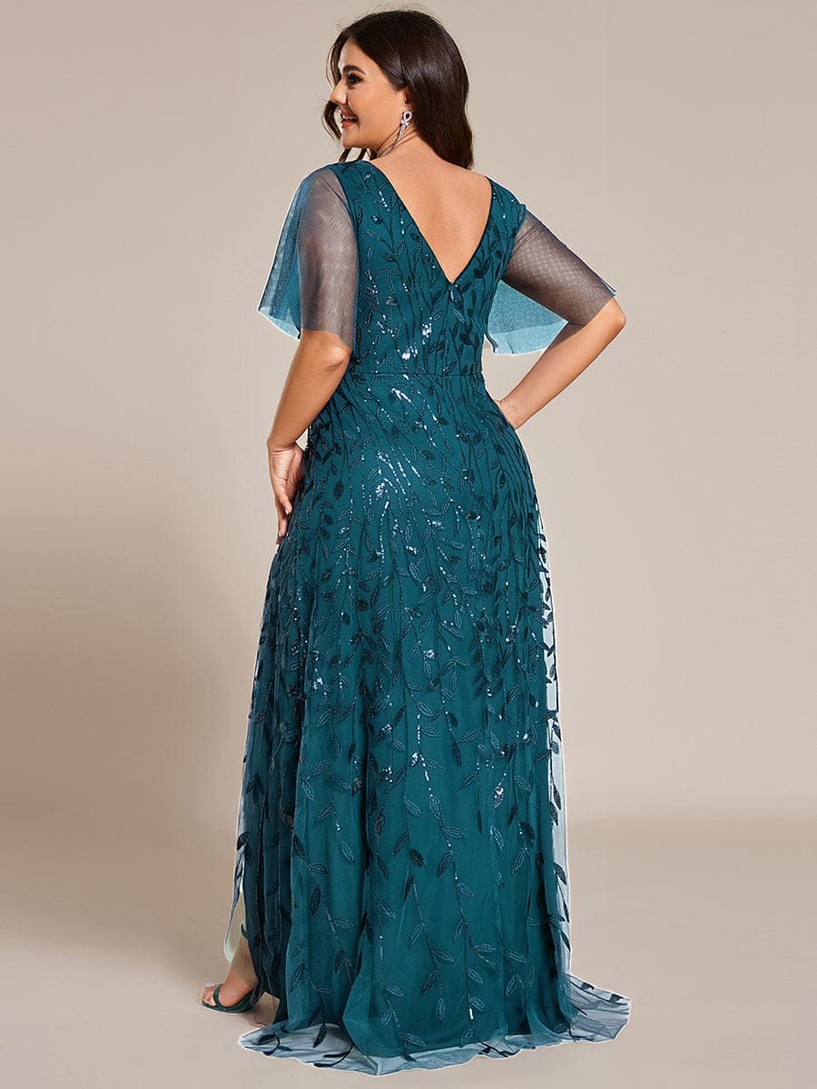 ever ALIX|Short Sleeves Sequin High Low V-Neck Midi Formal Evening Dress